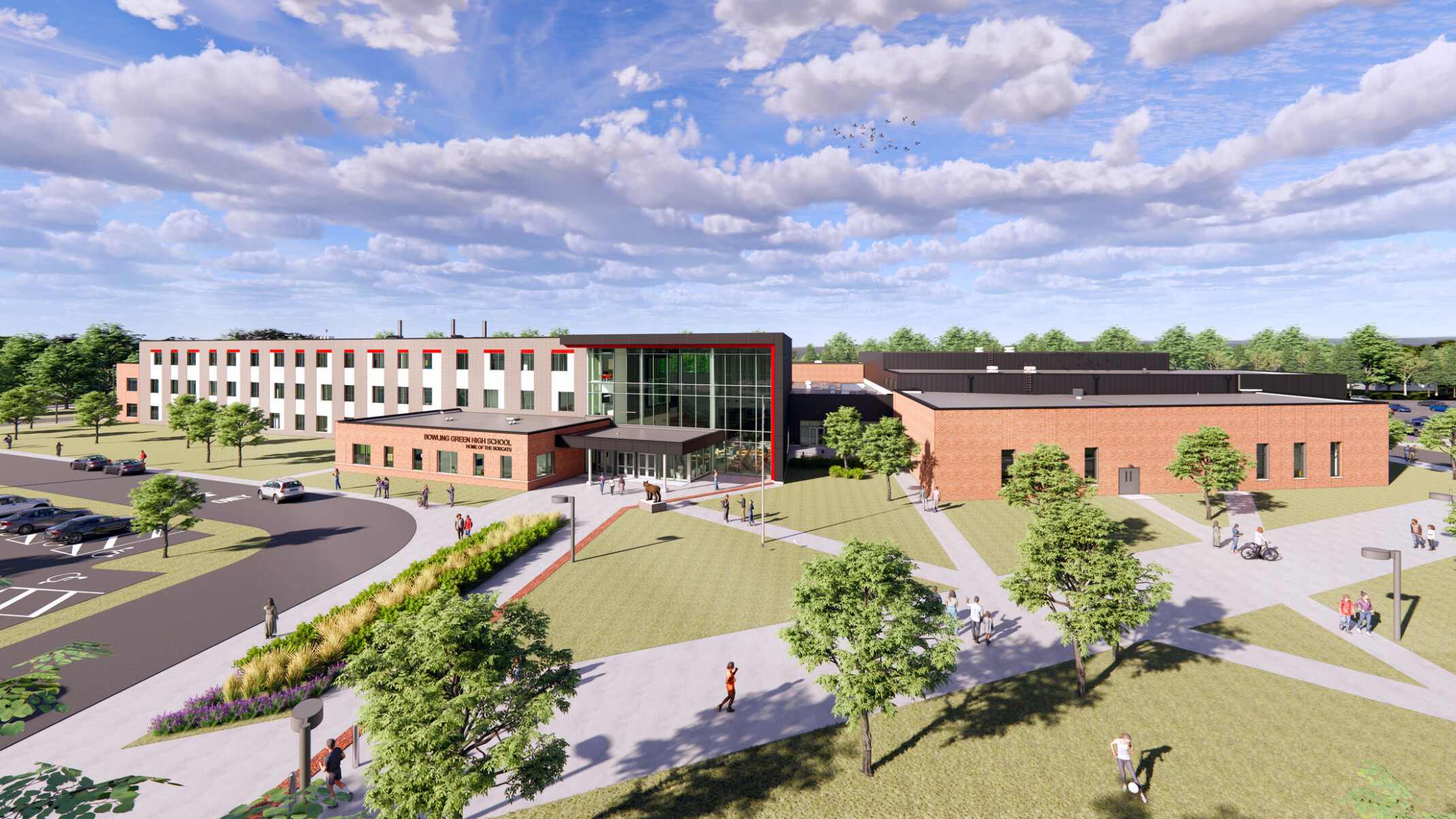 Rendering of Bowling Green City Schools facility designed for their Educational Facilities Master Plan brick building with red accents