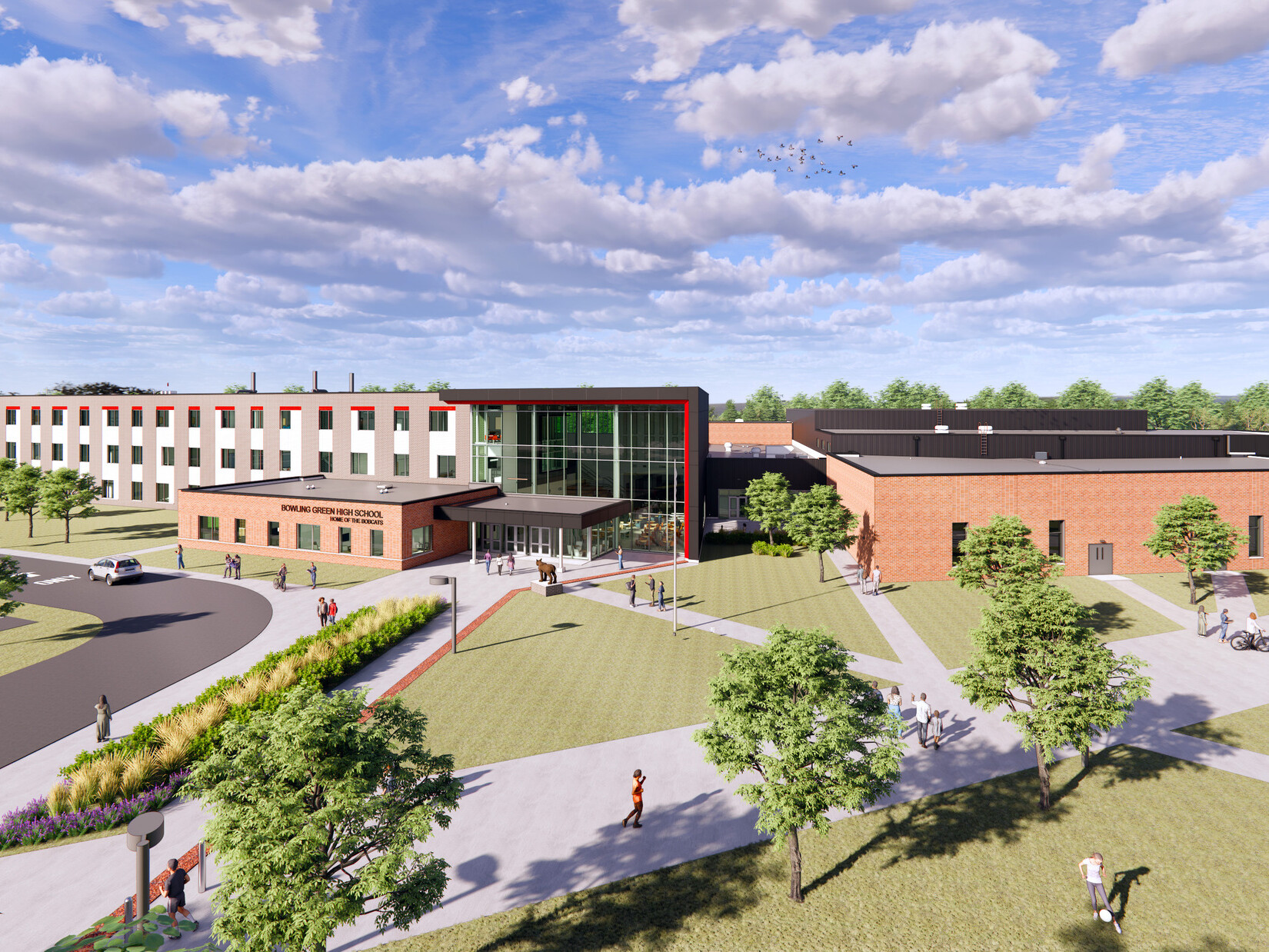 Rendering of Bowling Green City Schools facility designed for their Educational Facilities Master Plan brick building with red accents