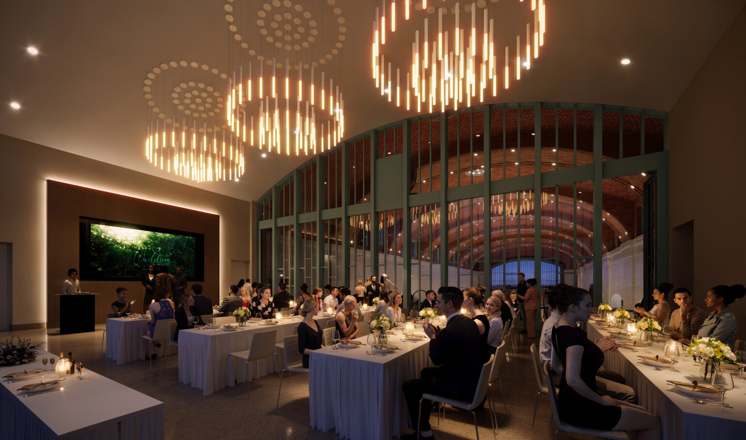 Rendering of a fancy dinner lounge; statement ceilings and design features elevate the experience