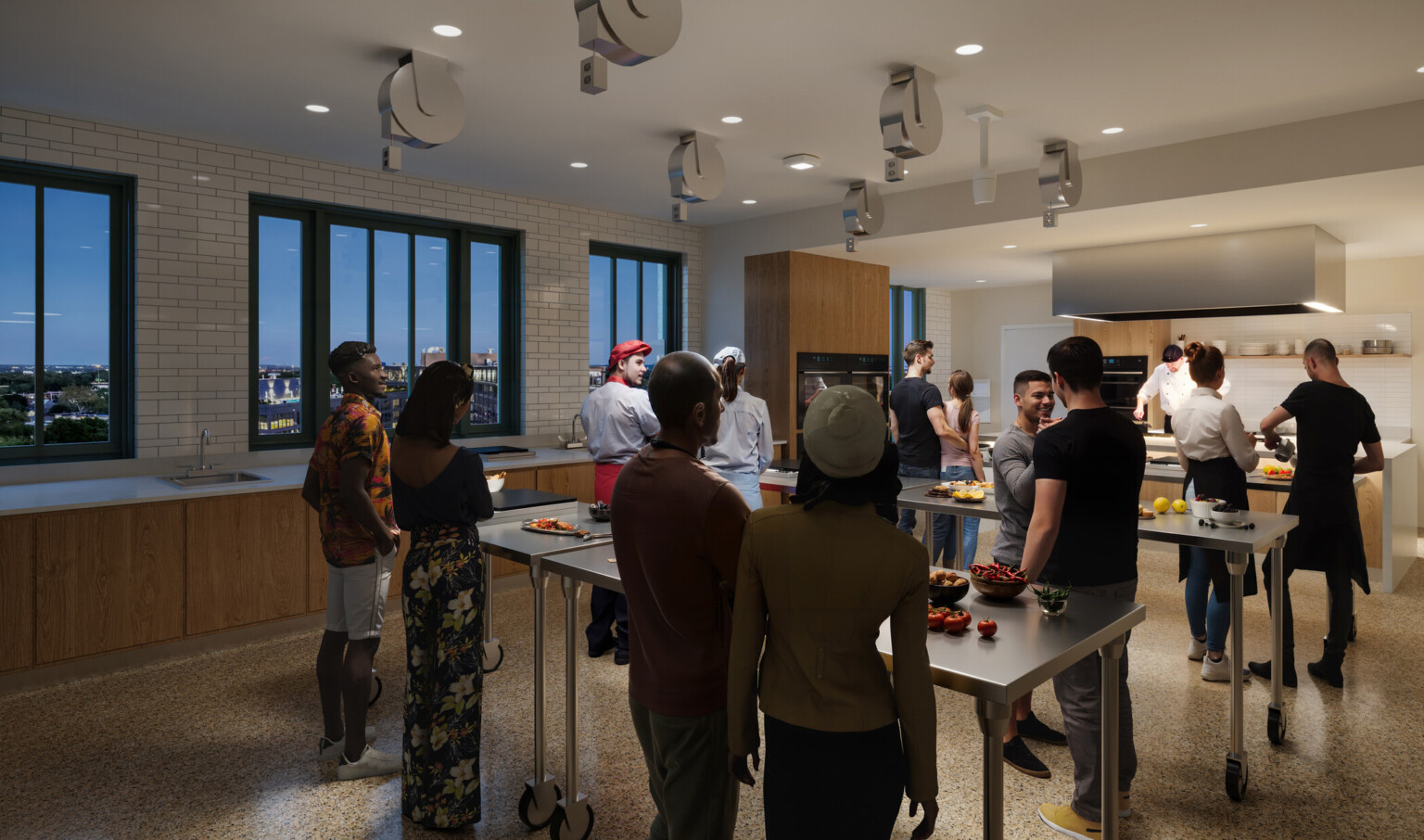 Rendering of the new design of Cleveland's westside market; community teaching space with tables