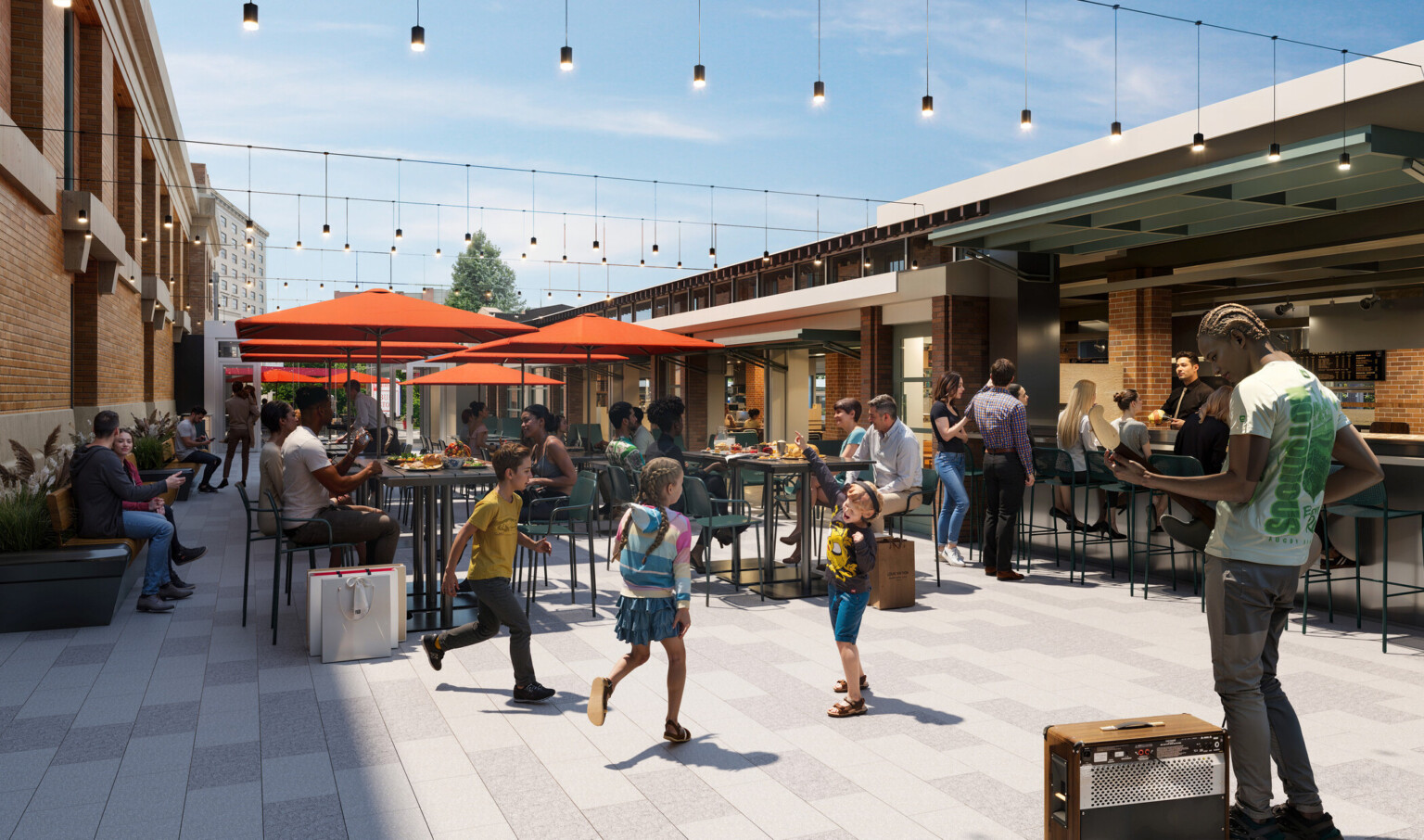 outdoor community space rendering; people playing and interacting in between the halls of the Cleveland Westside Market design