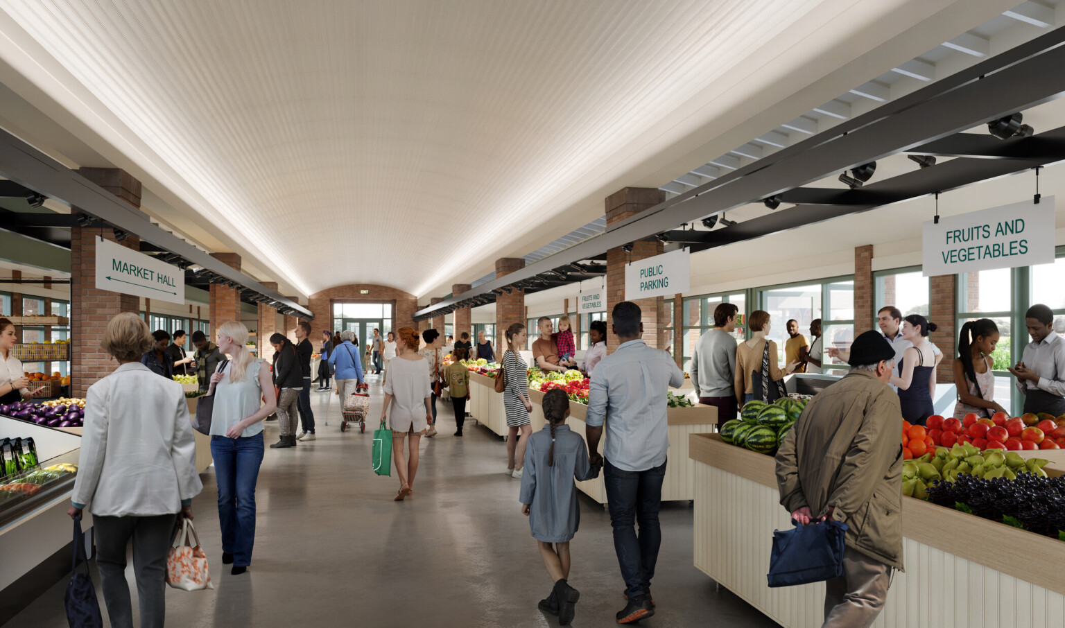 Rendering of the hallway of the Cleveland Market with people exploring food stalls Rendering of the hallway of the Cleveland Market with people exploring food stalls