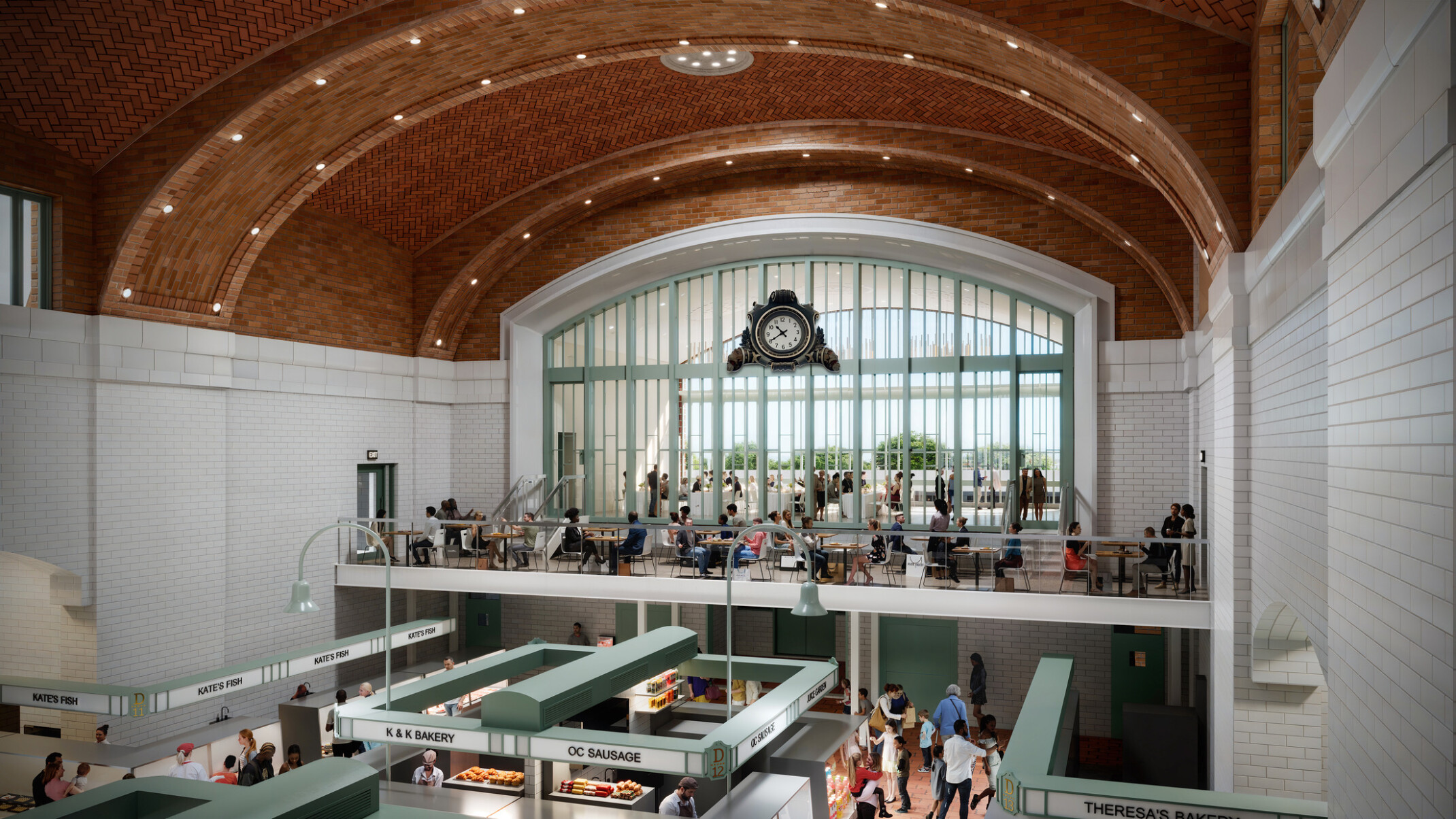 Inside rendering of the Cleveland Westside Market; Large open space with green market stalls and a second floor open dining space overlooking the hall; rounded historic wood ceilings