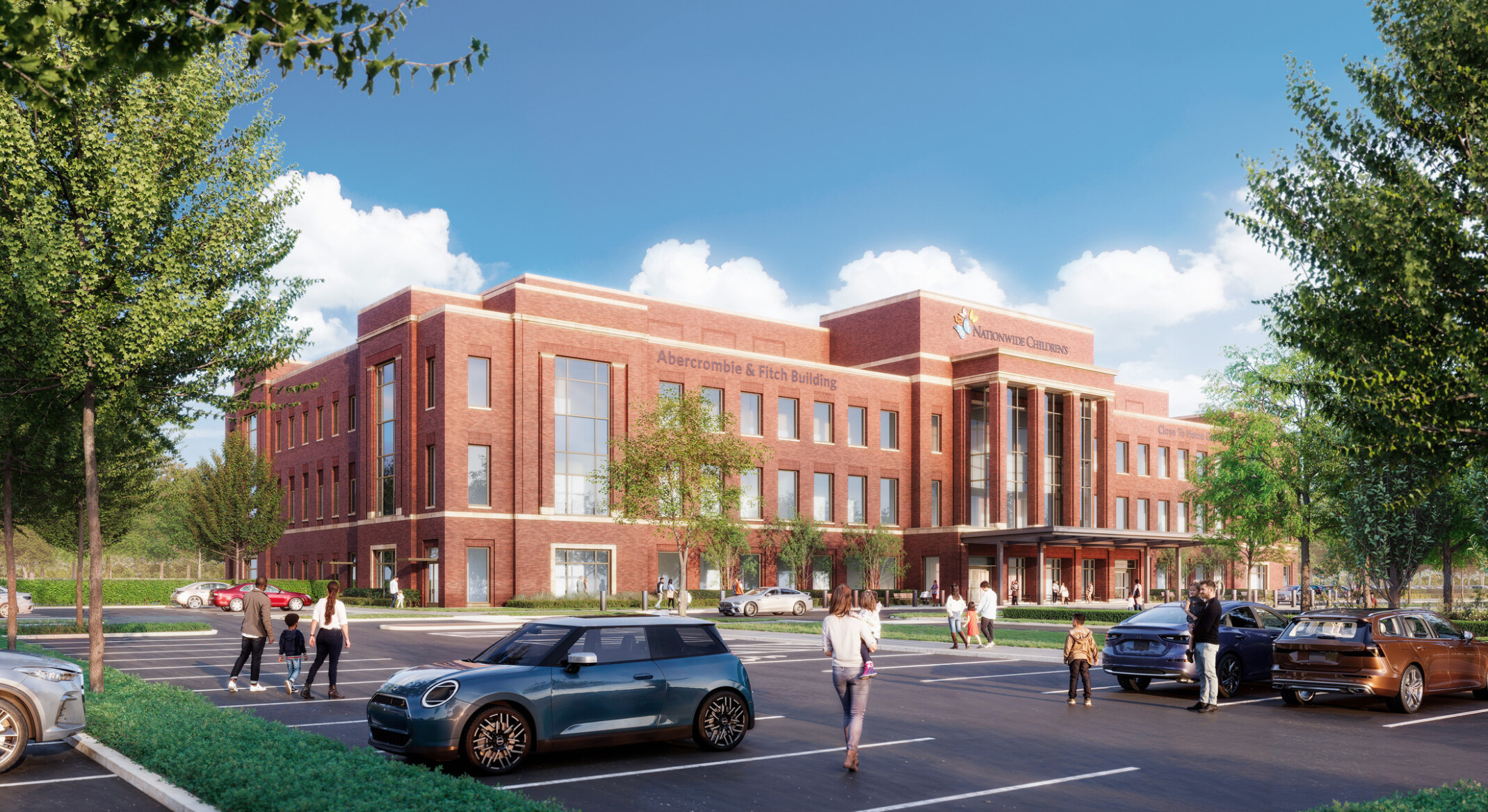 architectural rendering of a brick building with lots of windows; foreground parking lot with framing trees