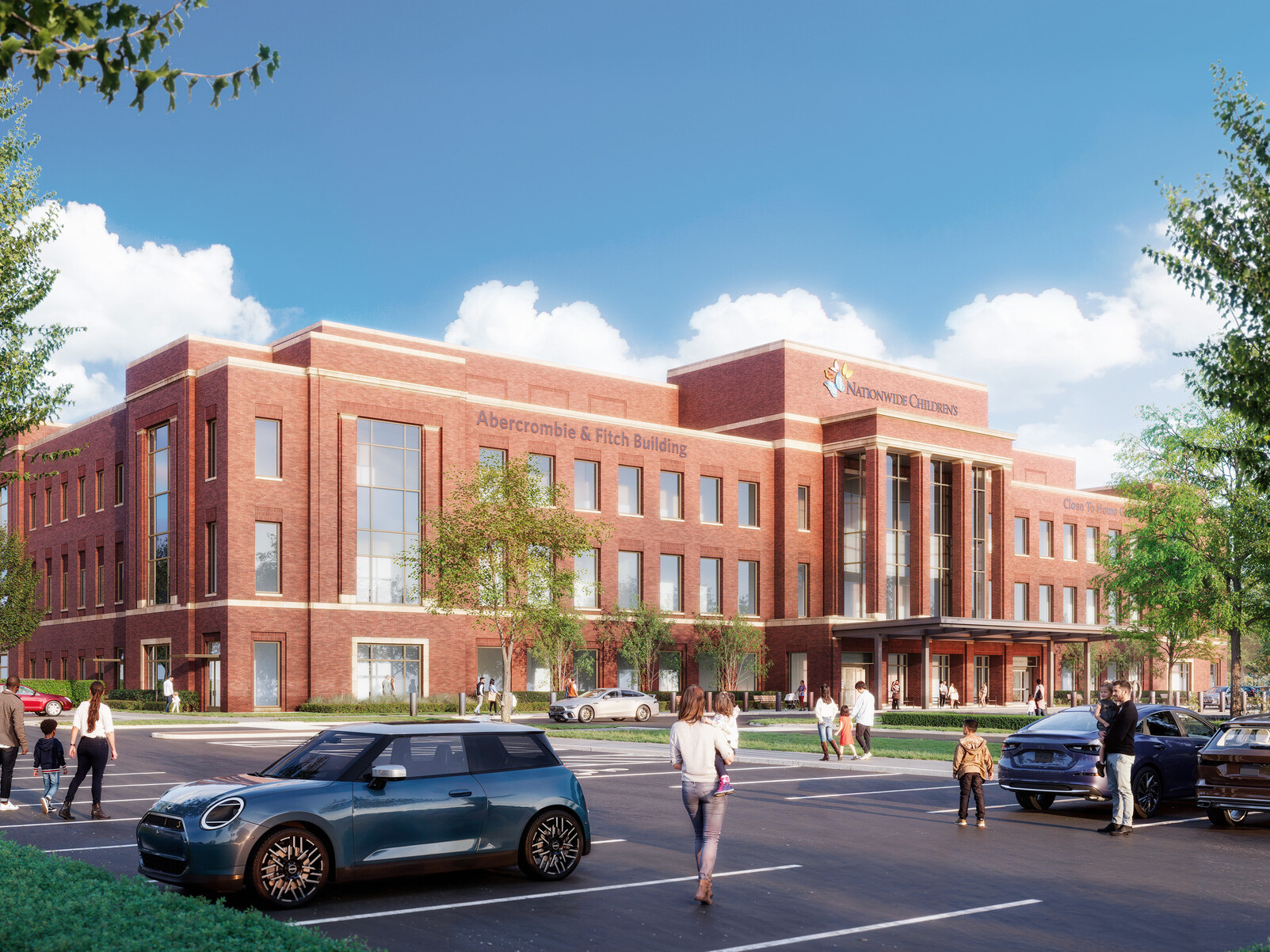 architectural rendering of a brick building with lots of windows; foreground parking lot with framing trees