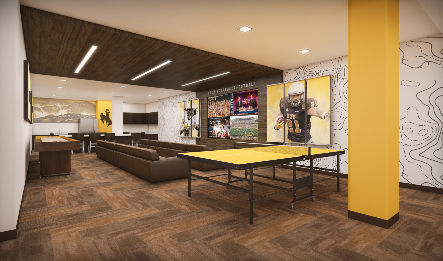 Couches face wood wrapped accent wall with 4 screens below Wyoming Cowboys Football sign in white room with yellow accents