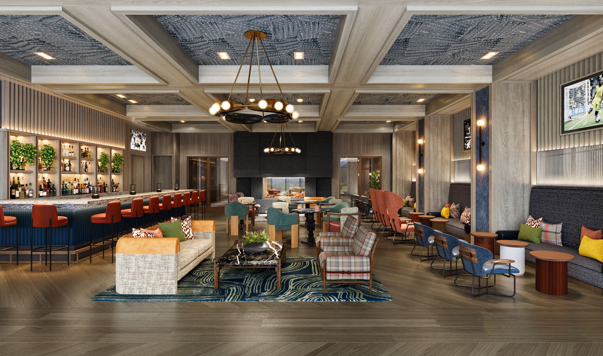 Canopy by Hilton, Park City, lounge area; modern bar with red accent high top chairs to the left wall; mixed seating and tables fill the rest of the space with colorful cozy accents and ski lounge details like wood chandelier; detailed ceilings with crown molding