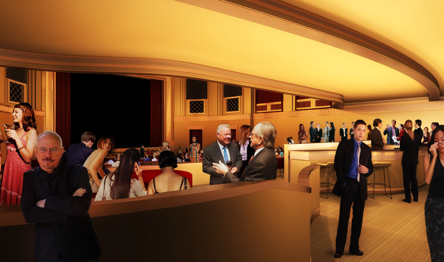 People stand at the bar in front right of image while others sit watching performance on stage of historic theater