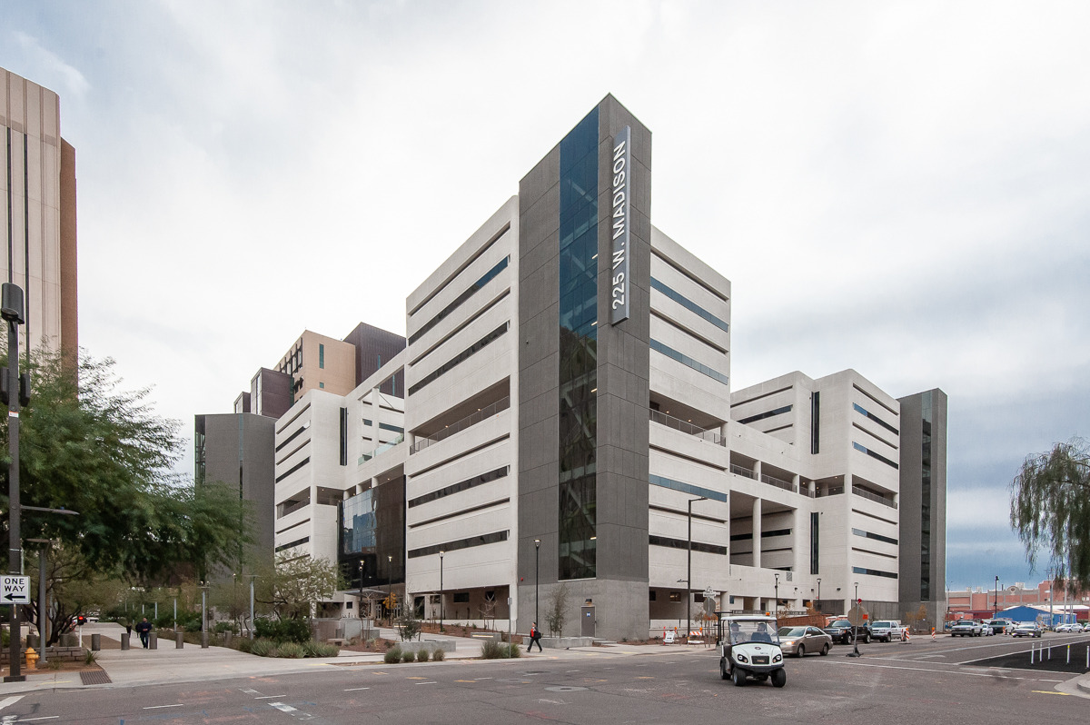 Maricopa county Attorney’s Office building facade; modern building with white and dark gray exteriors