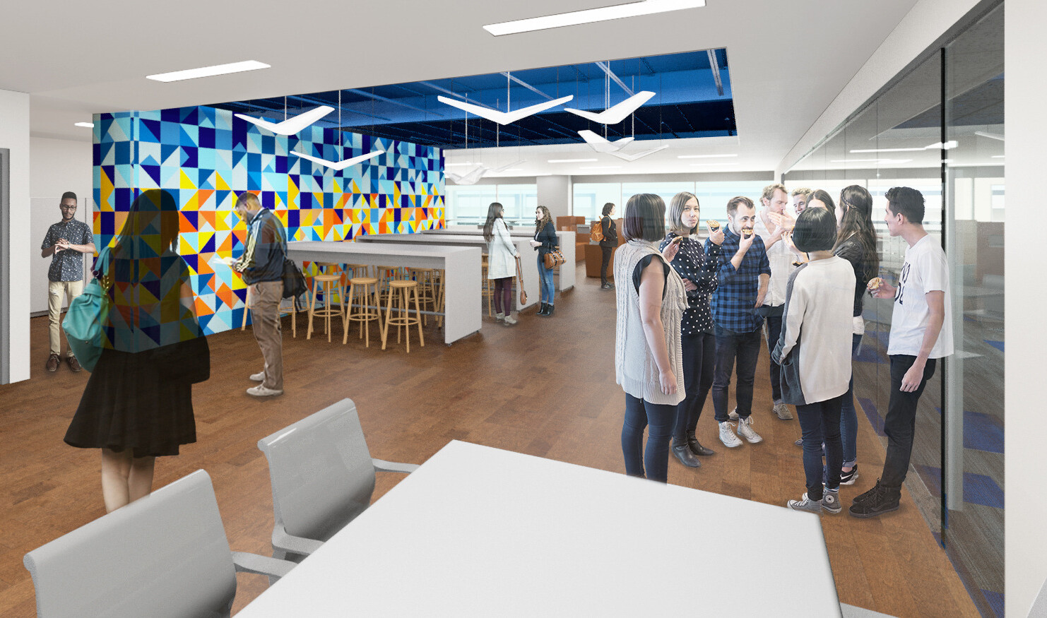 White room with angular lights hanging from blue recessed ceiling detail over colorful geometric mural, left, and dining area White room with angular lights hanging from blue recessed ceiling detail over colorful geometric mural, left, and dining area