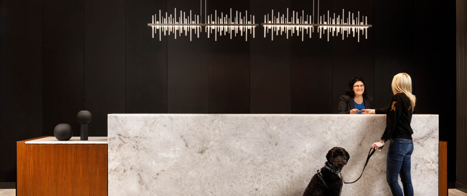 Woman with a black dog at a marble reception desk in front of a black paneled wall. 2 abstract metal lights hang above following Marriott brand architecture