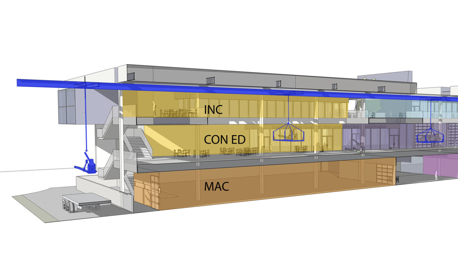Rendering of building looking in the side of all 3 levels with areas color coded and labeled