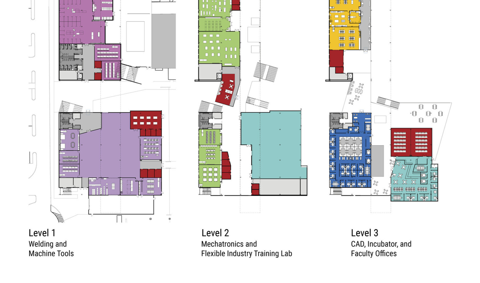Blueprints of building levels with areas color coded and labeled below