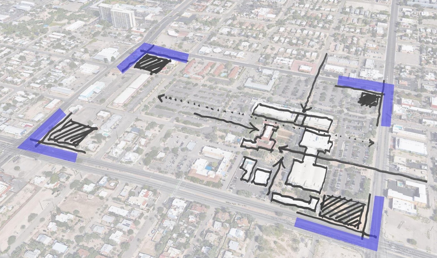 Sketches overlaid on satellite map of site, with buildings outlined and arrows depicting traffic flow