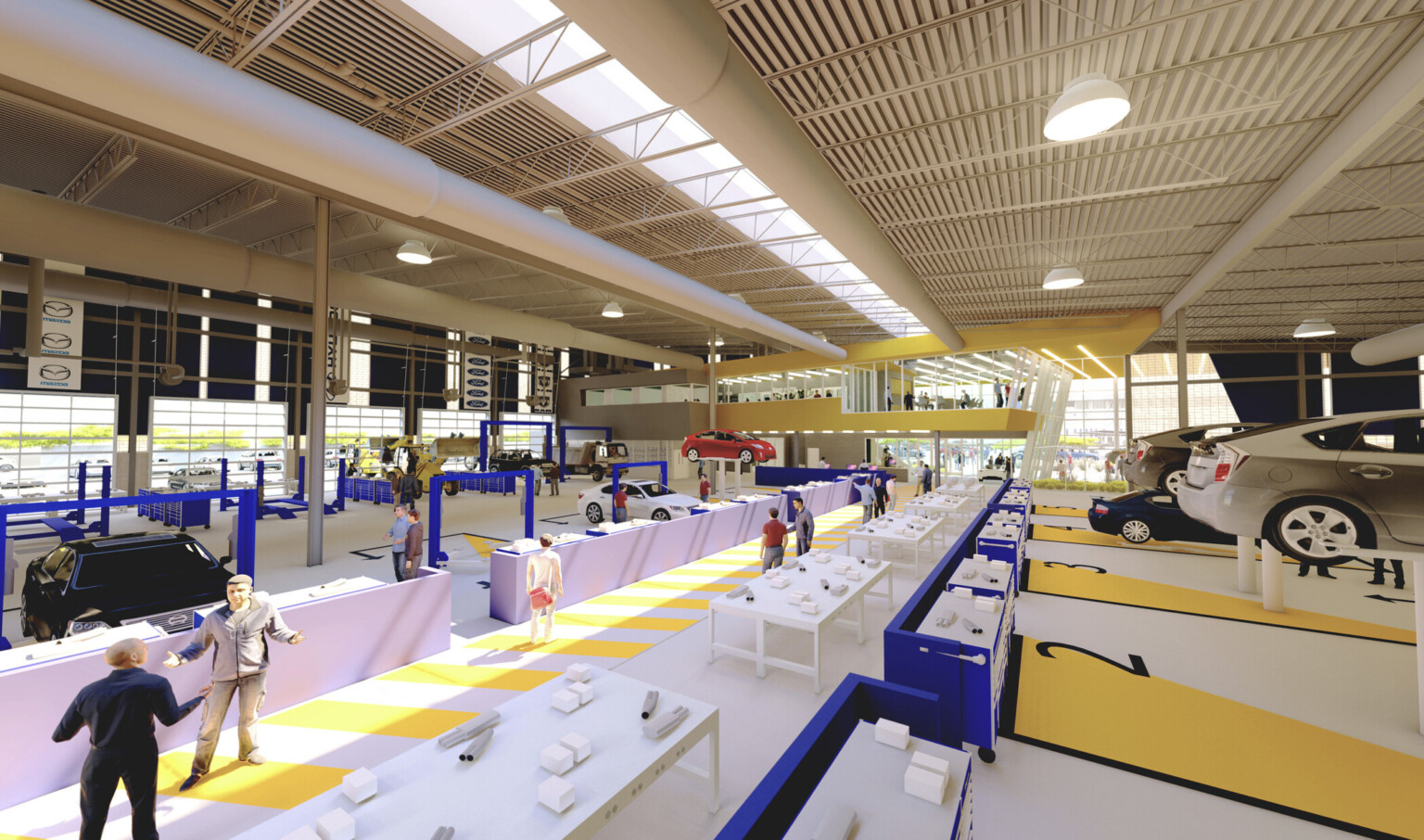 An eight and a half foot wide skylight runs the length of the high volume work bay An eight and a half foot wide skylight runs the length of the high volume work bay