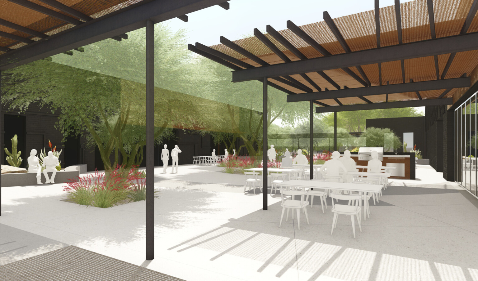 Design rendering, outdoor courtyard, seating, pergola provides shade and protect from weather elements, dark brick façade, trees, sustainable landscaping