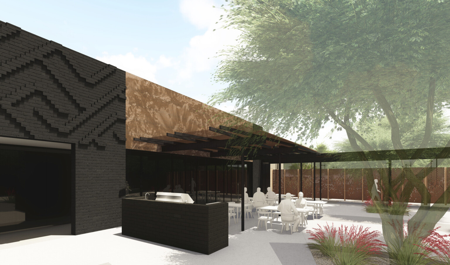 Design rendering, outdoor courtyard, seating, pergola provides shade and protect from weather elements, dark brick façade, trees, sustainable landscaping