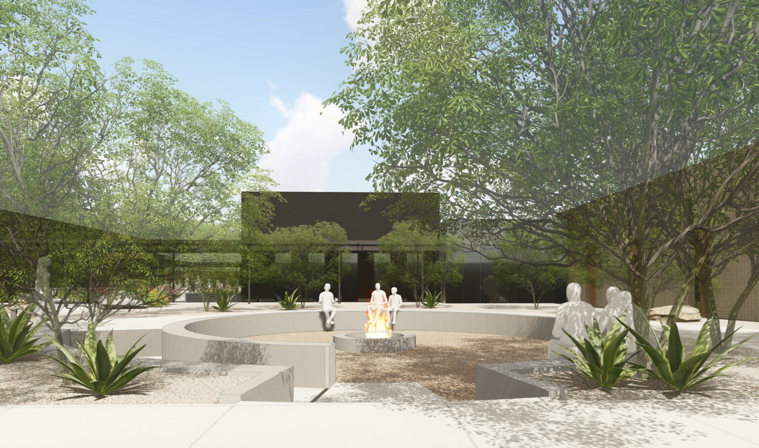 Design rendering, outdoor seating area, trees, circular concrete conversation sand pit, fire pit, facility in distance, dark brick façade, calming, sustainable landscaping, blue skies