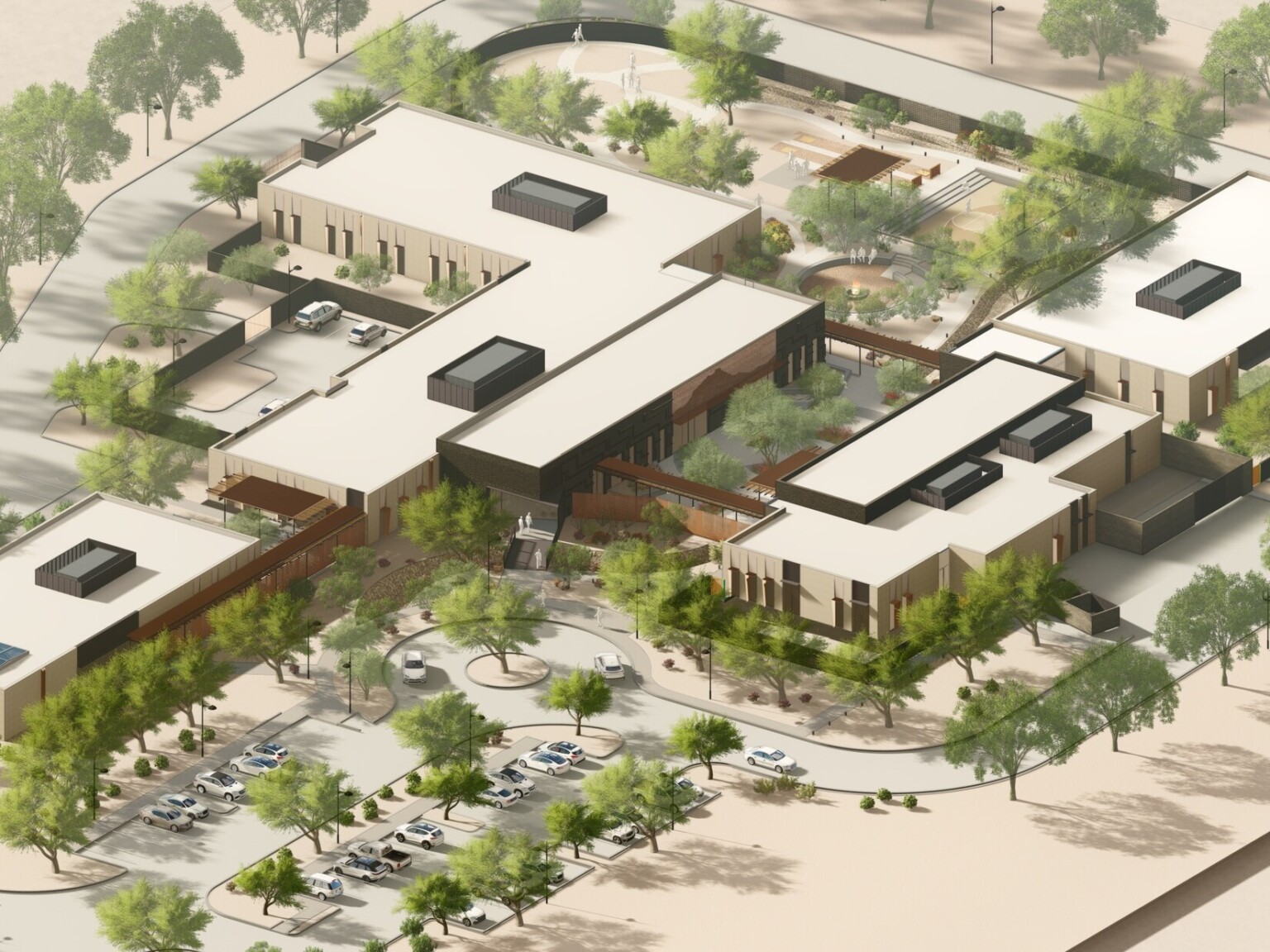Aerial design concept, trees, parking lot, large facility, community wellness