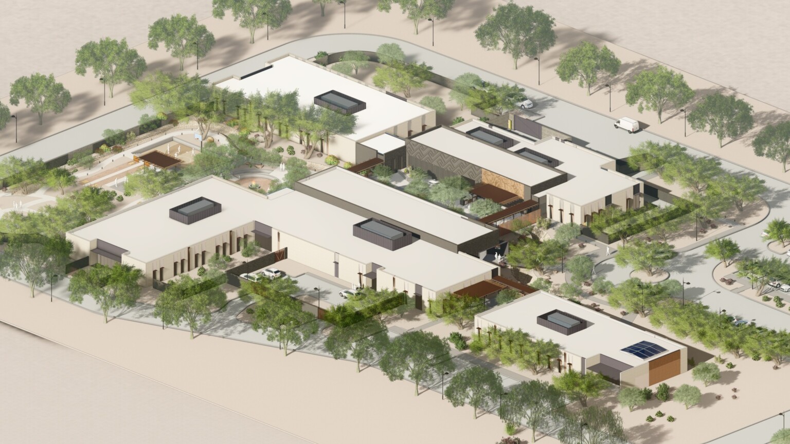 An architectural rendering of a modern building complex with flat roofs and lush landscaping.