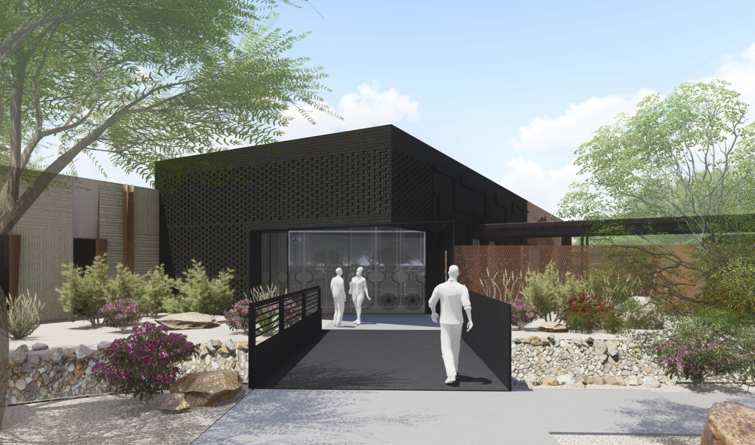 architectural rendering of entrance to a modern building with glass doors, landscaped with rocks and flowering plants. architectural rendering of entrance to a modern building with glass doors, landscaped with rocks and flowering plants.