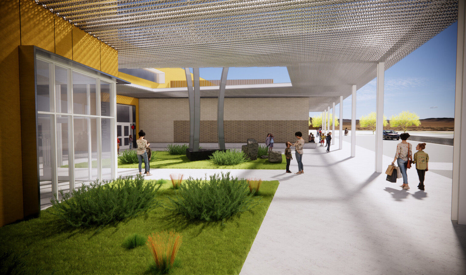 architectural rendering; Families picking up children at the entrance of a K-8 school that is shaded by a perforated metal canopy with an open lightwell over a small planting area.