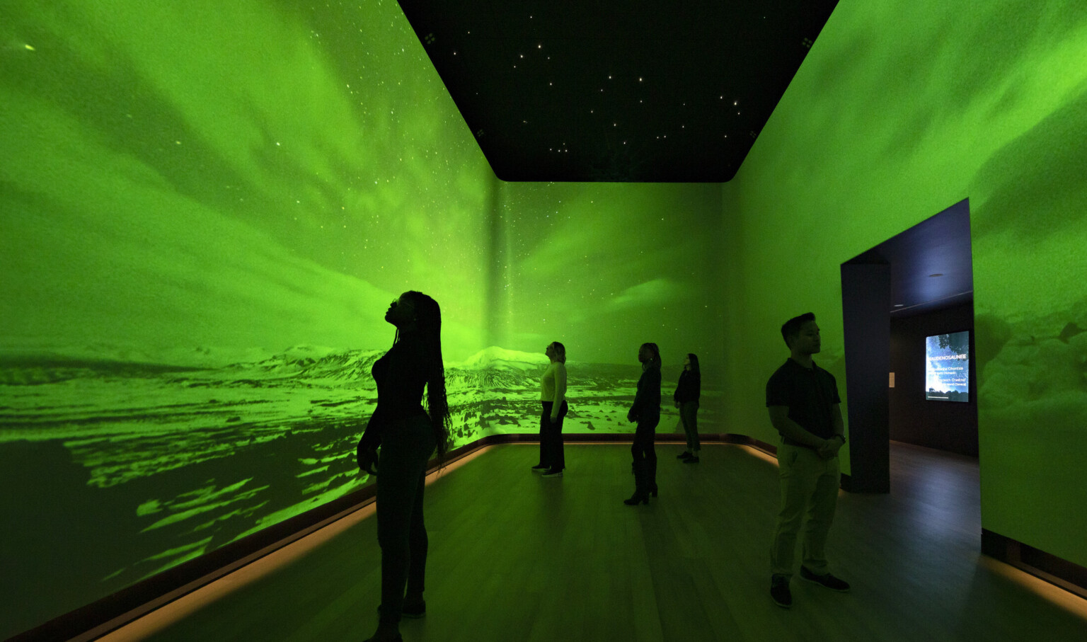 An immersive art exhibit at the Heard Museum with screens on all visible walls of the room showing the Northern Lights among snow-capped hills colorized with bright green