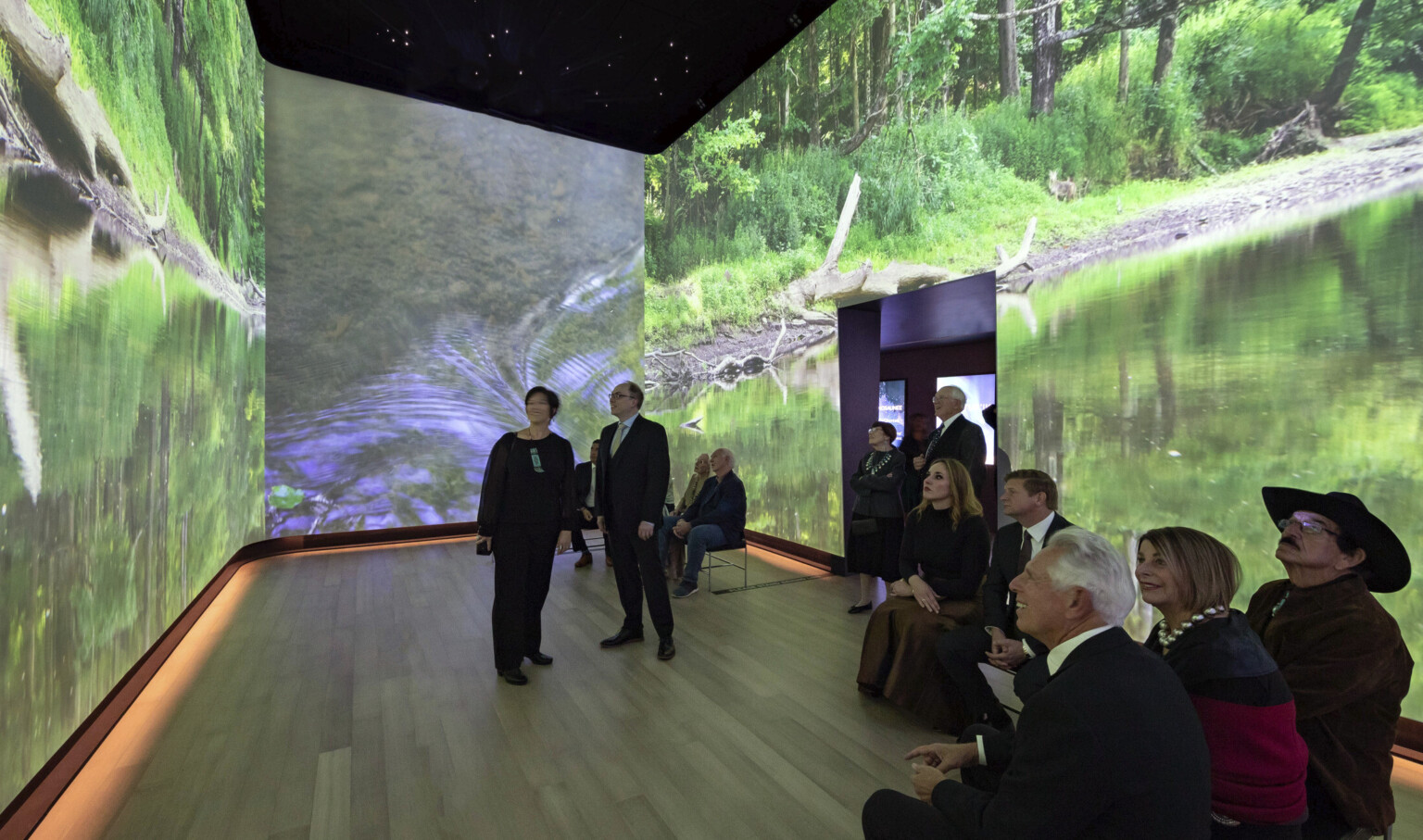 360 degree immersive art gallery featuring video on all walls of a stream and nature. Dark ceiling with star like lights