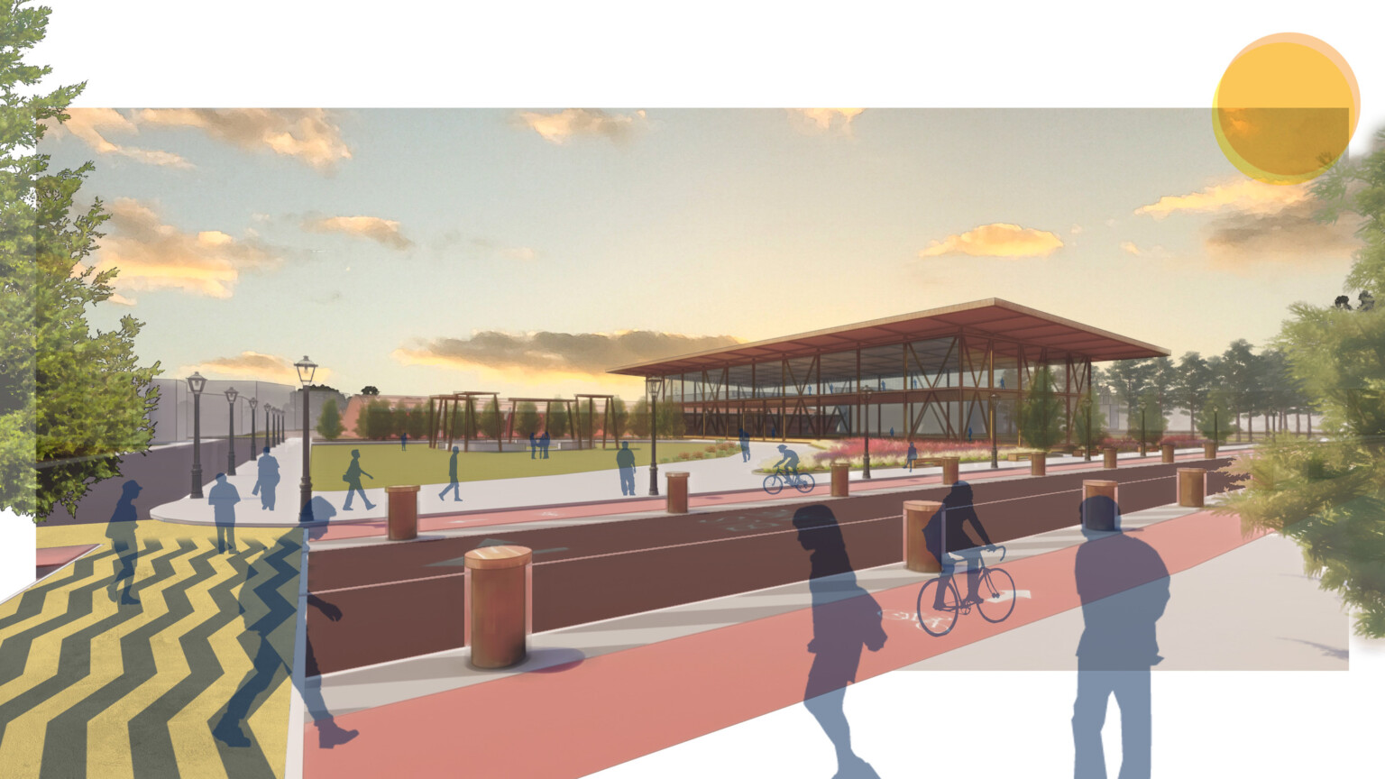 Rendering of a college campus showing a large building in the distance with metal roof and accents
