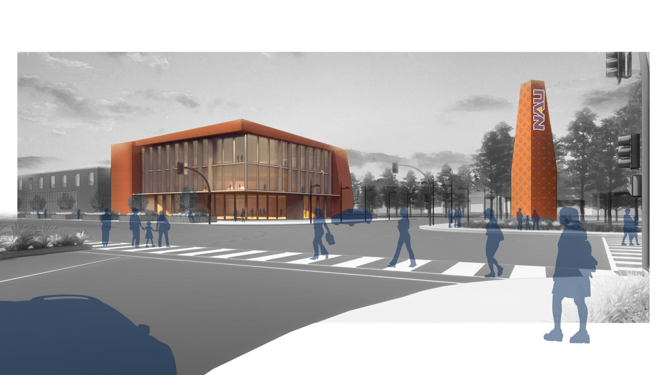 Rendering of a college campus showing a multistory building on the corner of an intersection with a large pillar with letters NAU