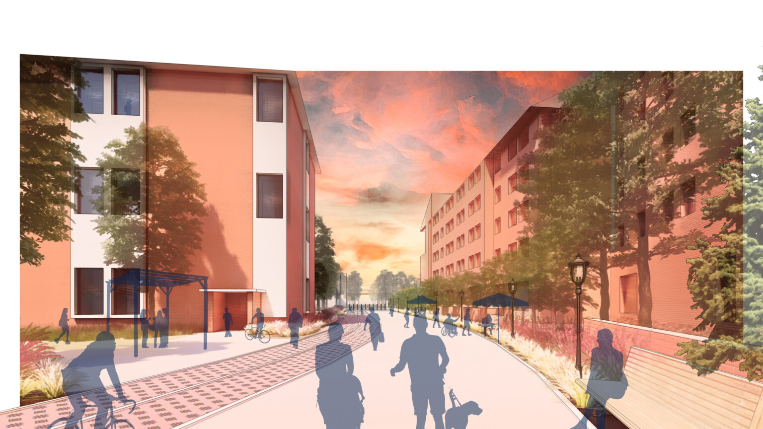 Rendering of a college campus showing a walkway between multistory buildings