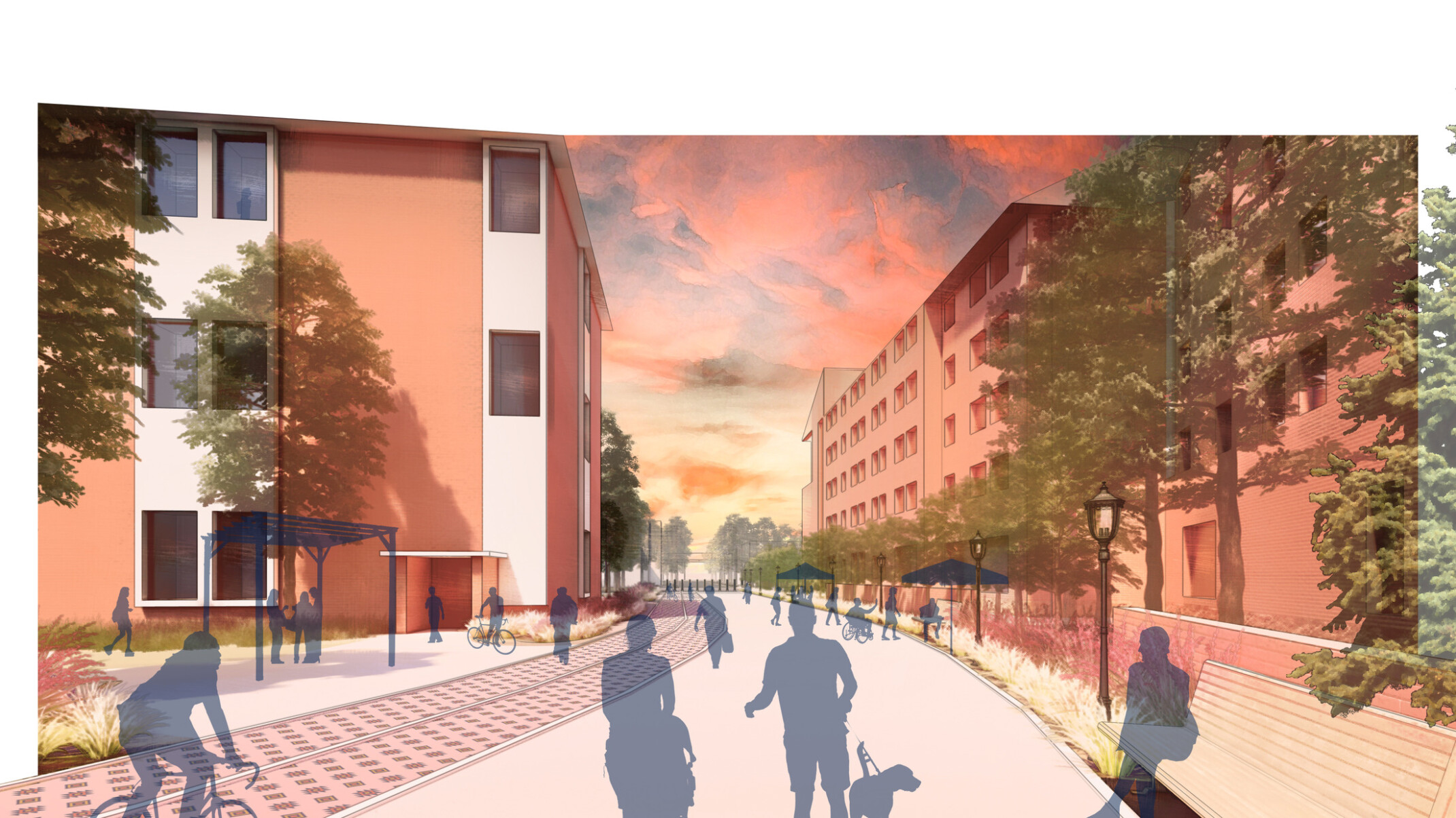 Rendering of a college campus showing a walkway between multistory buildings