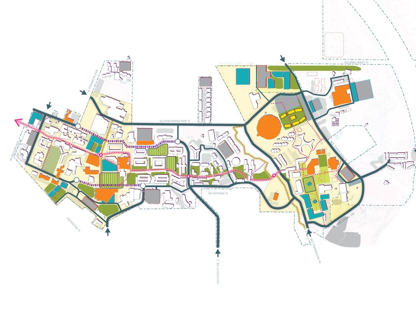 city or campus planning map with colorful blocking on outlined areas