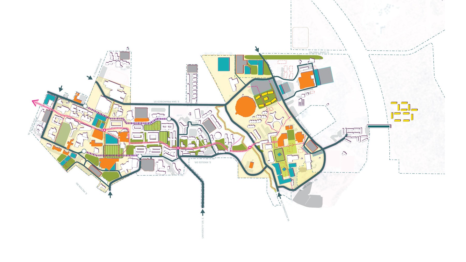 city or campus planning map with colorful blocking on outlined areas