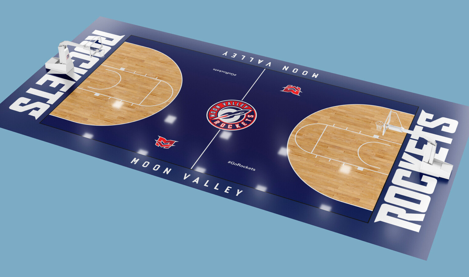 Basketball Court experiential graphic design with monn valley high school logo at center