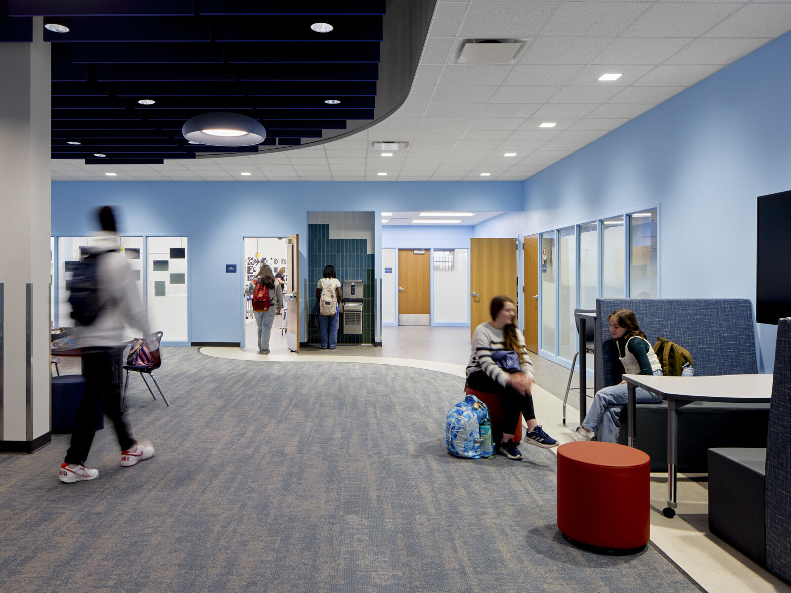 interior of Marana Vista Academy with modular furniture in a hallway collaboration space