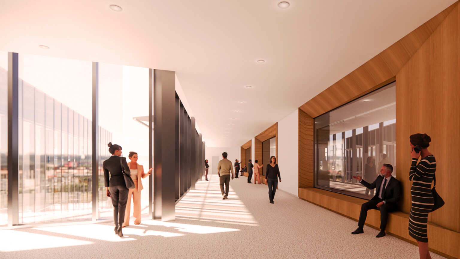 rendering in Maricopa County Tabulation and Election Center; front lobby space with people sitting in the designed wall cut outs and walking in the hallway; floor to ceiling windows
