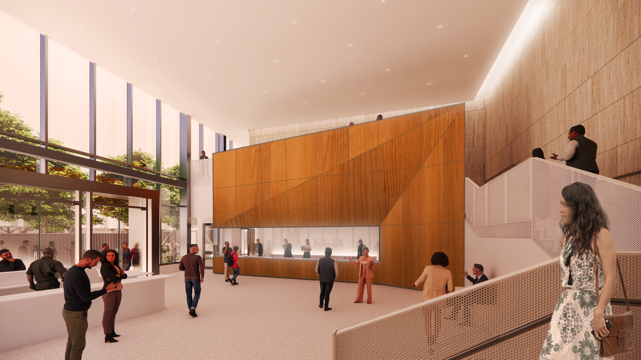 rendering in Maricopa County Tabulation and Election Center; front lobby space with people sitting in the designed wall cut outs and walking in the hallway; floor to ceiling windows