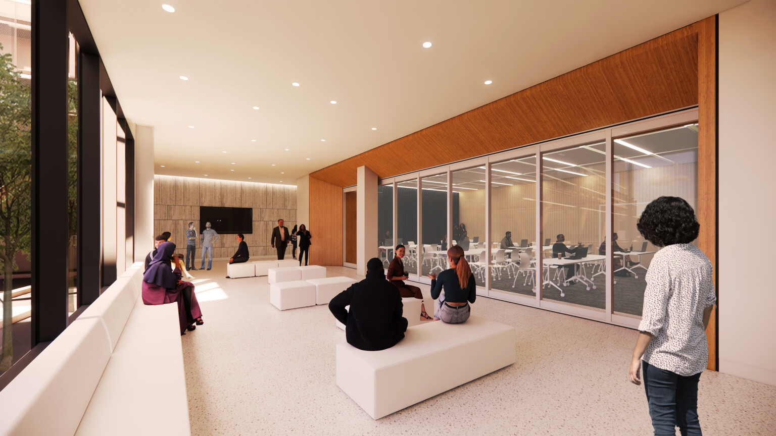 rendering in Maricopa County Tabulation and Election Center; front lobby space with people sitting in the designed space and walking in the hallway; floor to ceiling windows