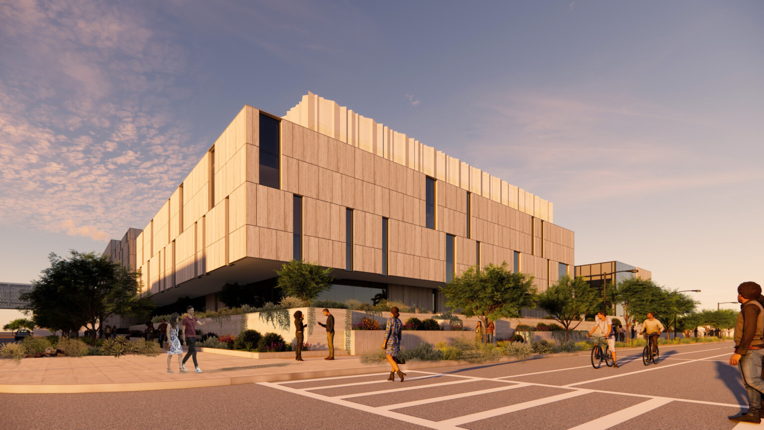 rendering in Maricopa County Tabulation and Election Center; front entrance; street view with modern multi-facade building; green spaces in the foreground
