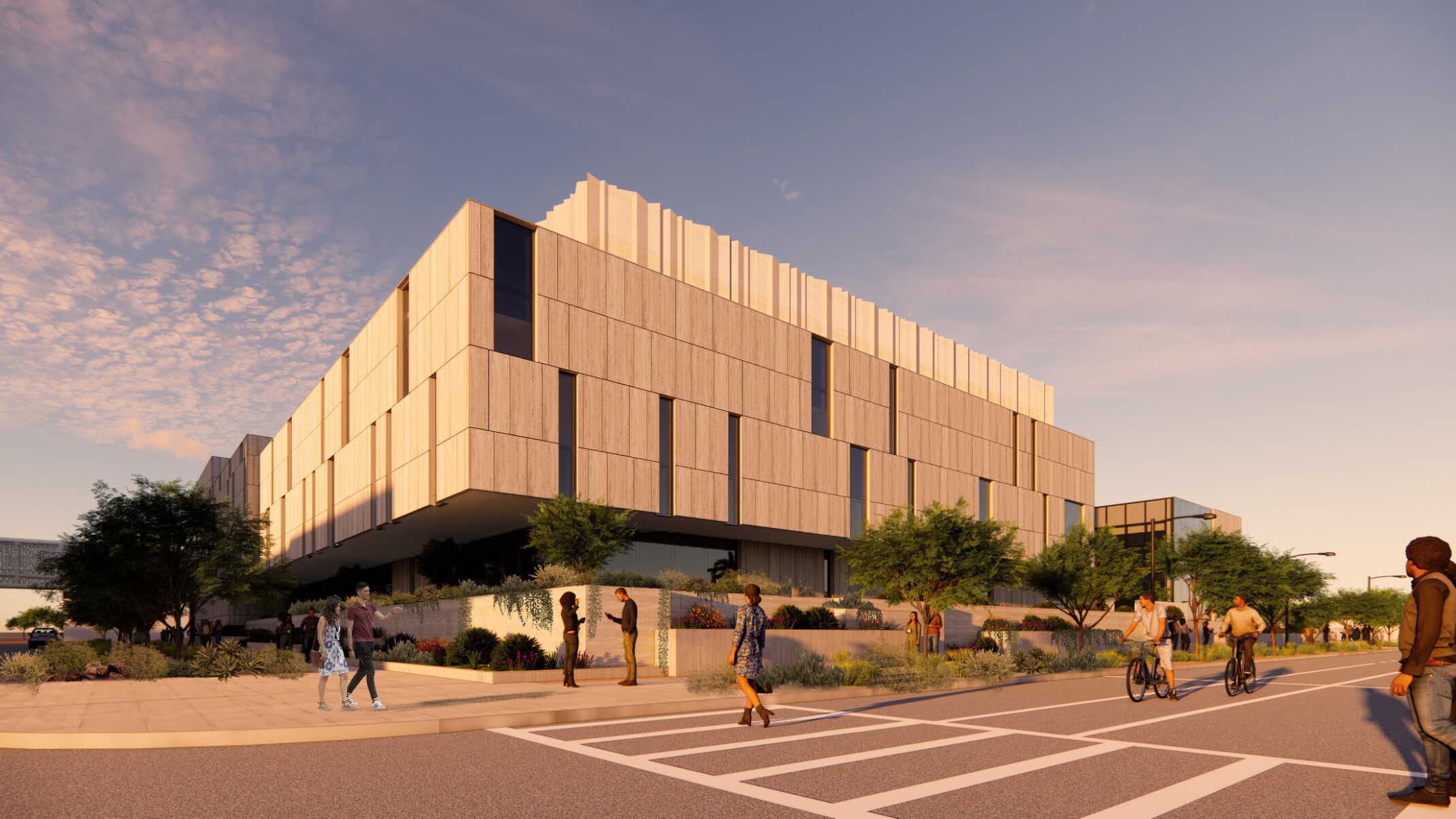 rendering in Maricopa County Tabulation and Election Center; front entrance; street view with modern multi-facade building; green spaces in the foreground