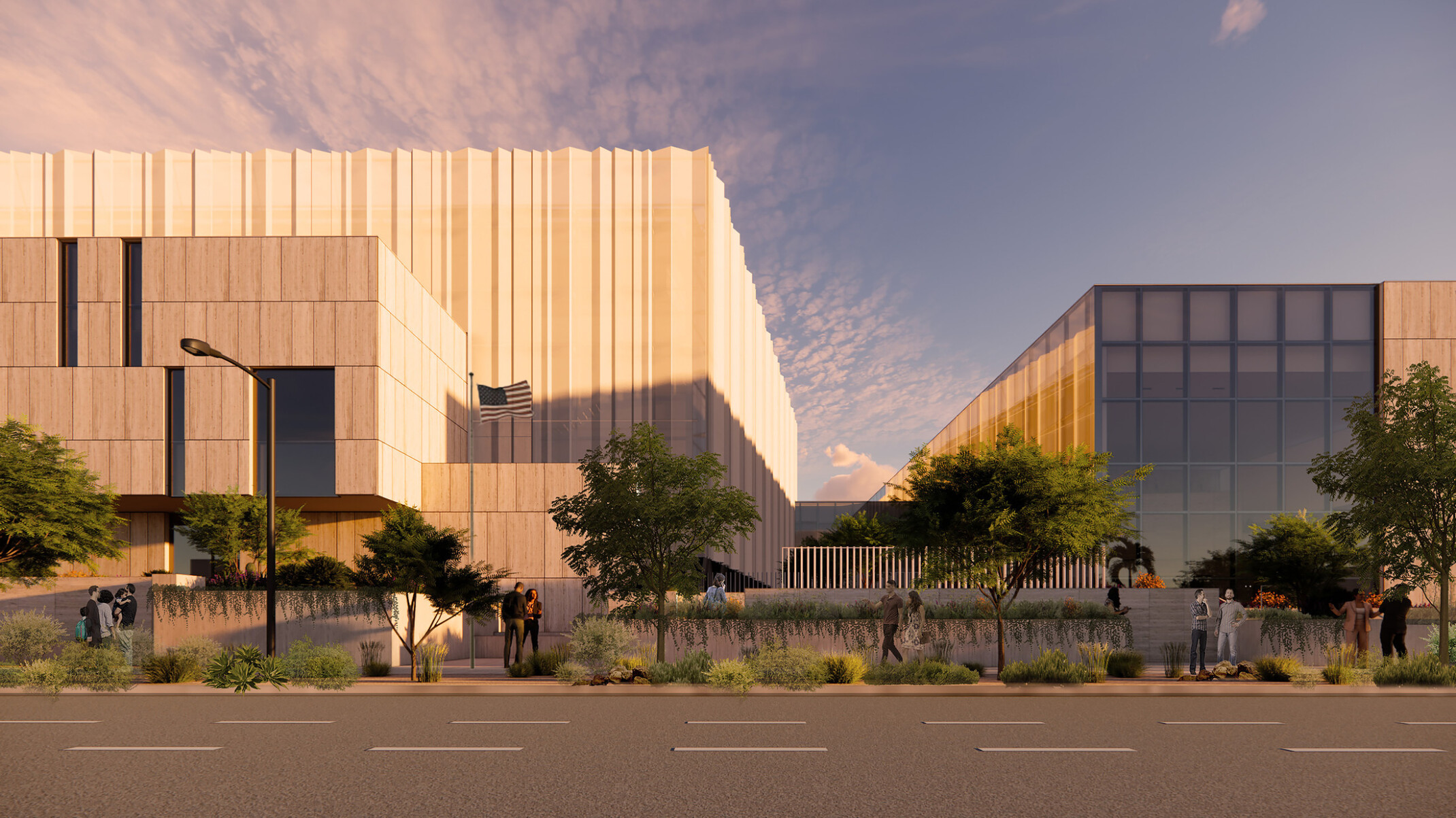 rendering in Maricopa County Tabulation and Election Center; front entrance; street view with modern multi-facade building; green spaces in the foreground