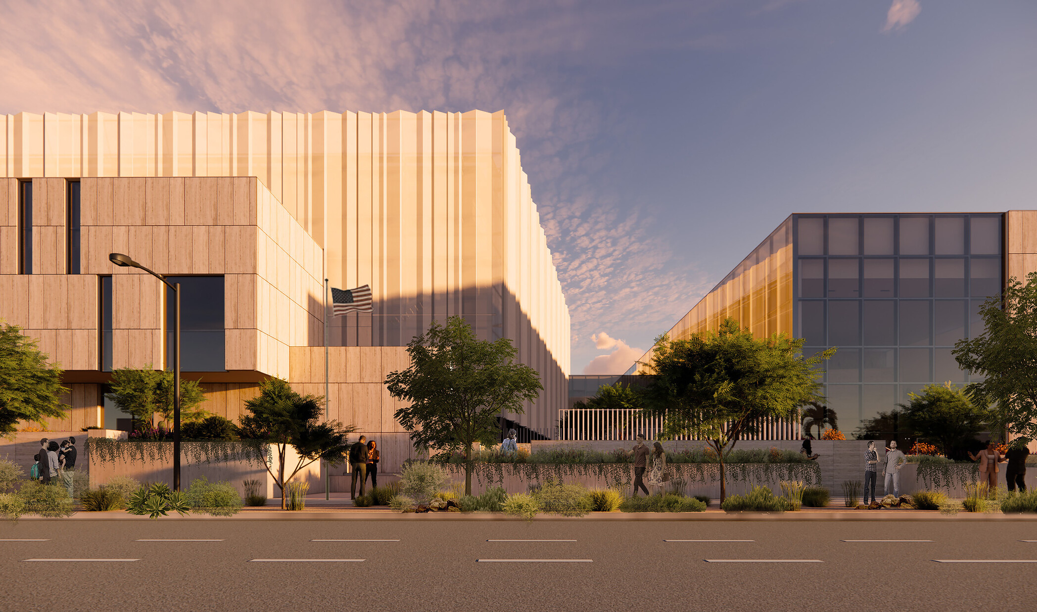 rendering in Maricopa County Tabulation and Election Center; front entrance; street view with modern multi-facade building; green spaces in the foreground