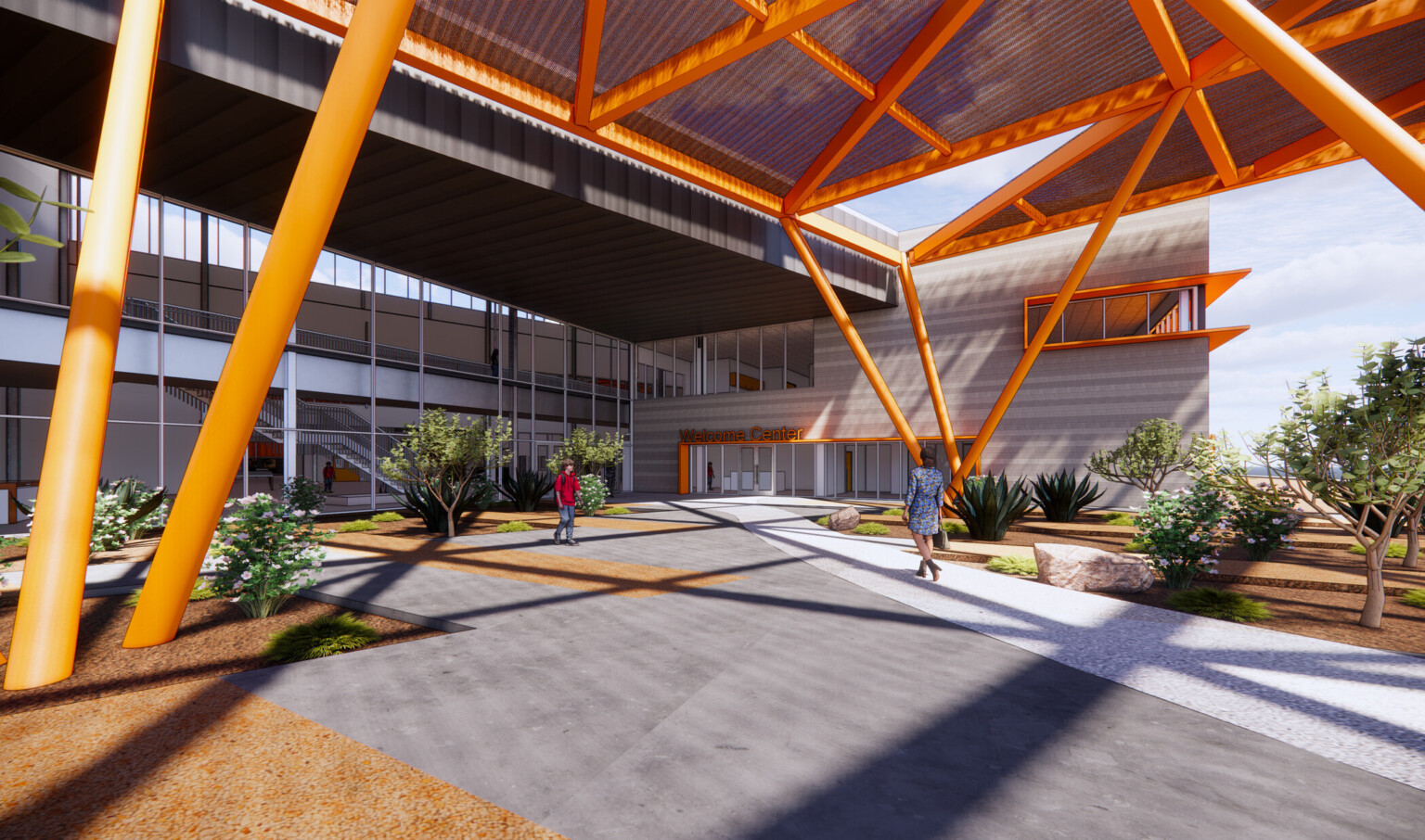 design concept for the new southeast campus at west mec school in arizona; orange framing welcomes students in a large open entryway