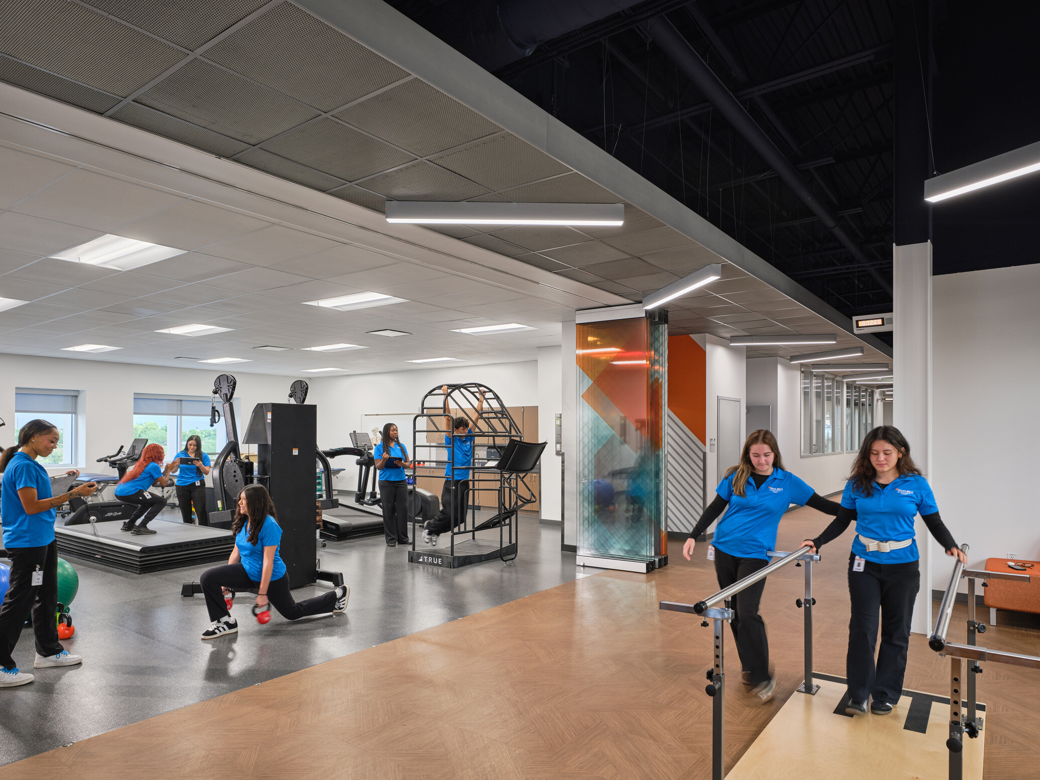 technical classroom with PT specific equipment and students working at each station