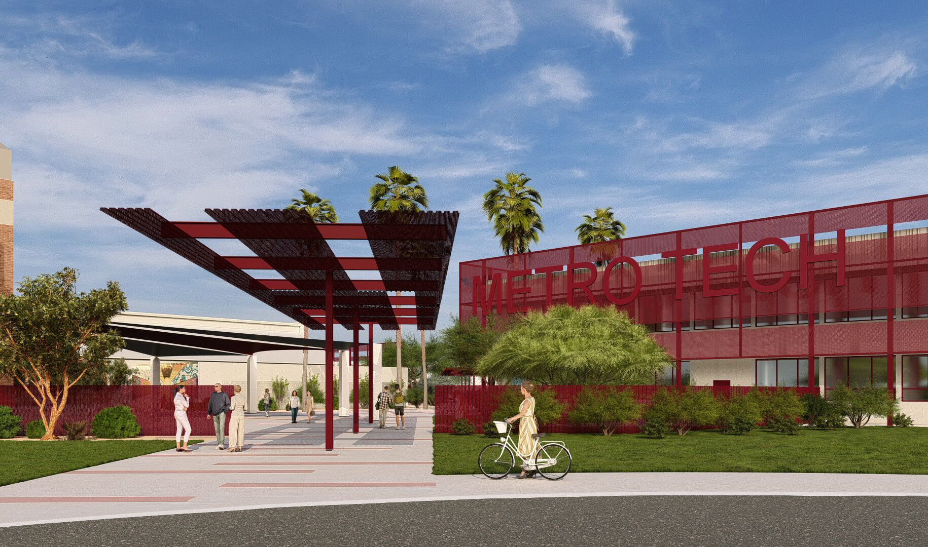 Exterior rendering of Metro Tech High School showing students walking toward the entrance; red metal mesh facade against floor to ceiling windows and inset entrances for shaded seating
