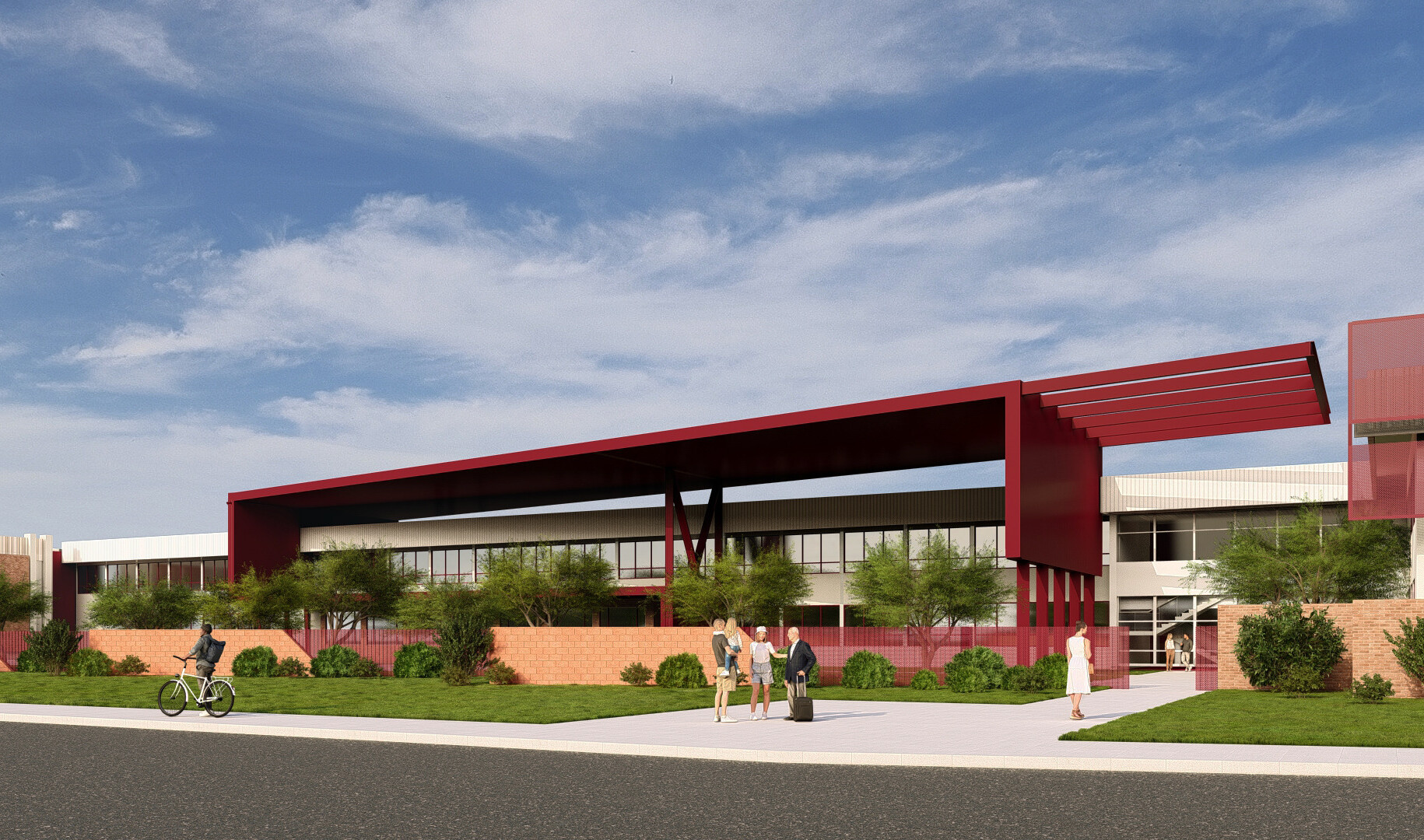 Exterior rendering of Metro Tech High School showing students walking toward the entrance; red metal mesh facade against floor to ceiling windows and inset entrances for shaded seating