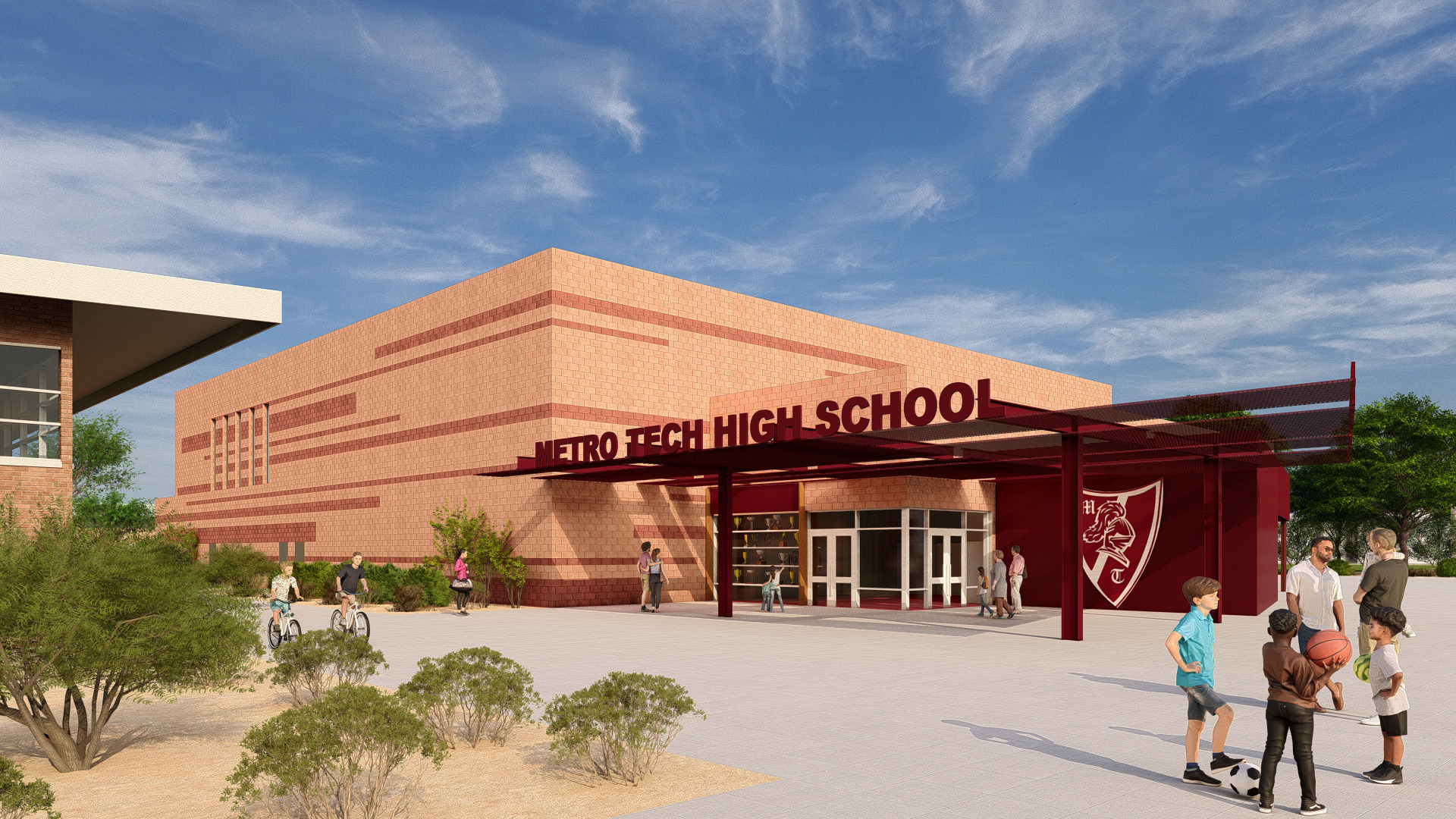 architectural rendering of Metro Tech High School’s entrance; orange and red modern school building with metal awning over glass doors