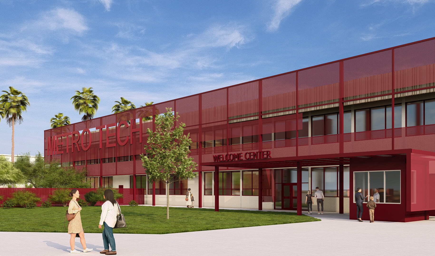 Exterior rendering of Metro Tech High School showing students walking toward the entrance; red metal mesh facade against floor to ceiling windows and inset entrances for shaded seating
