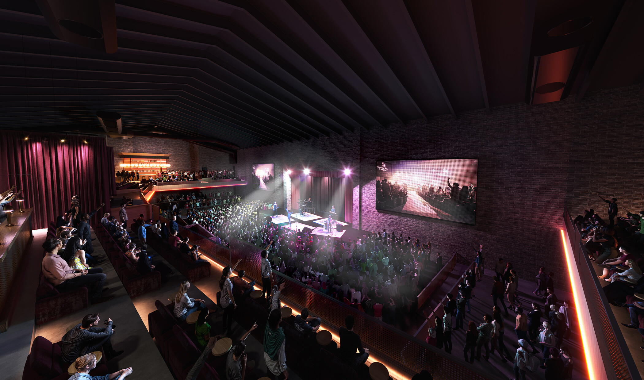 interior rendering of a performance space with filled audience; lights focused on band performance